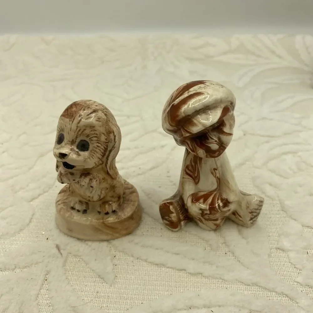 Handmade Glazed Boy with Little Dog Figurines Brown Swirl 2.5” Tall
